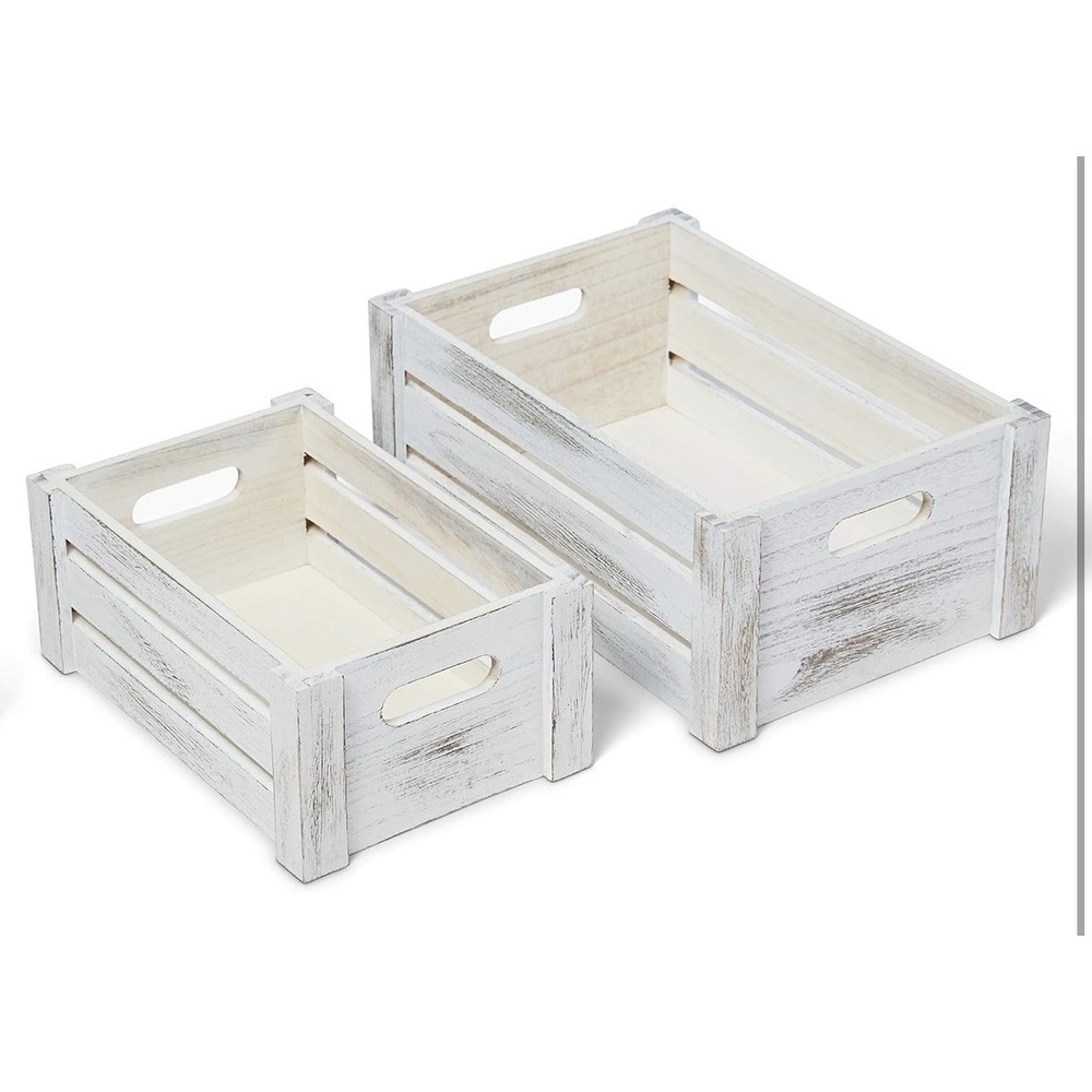 Farmhouse Wooden Crate Set | Whitewashed Nesting Storage Boxes Set of 2 - Picture 4 of 15